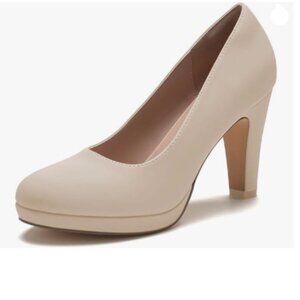 miss left Nude Low Platform Chunky High Heel Slip On Round Toe Pump